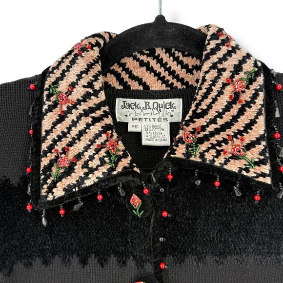 Jack B Quick Floral Beaded Cardigan Sweater Size Petite Small Animal Print Trim - Picture 5 of 8